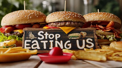Bad food with a sign stop eating us: unhealthy meals, processed ingredients, dietary awareness, junk consumption, health risks, artificial additives, nutrition education, fast dining trans fat warning