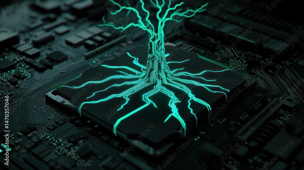 Poster Circuit board featuring a glowing tree growing from a processor