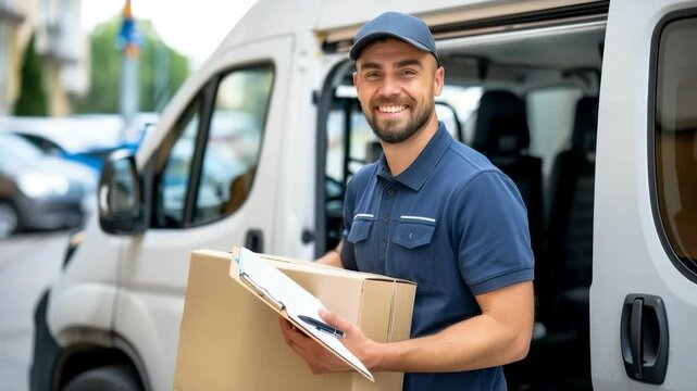 A friendly delivery driver is holding a cardboard box and a clipboard. He is standing in front of the open back door of a white delivery van, ready to deliver the package.