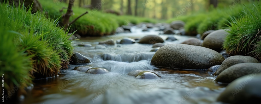 Poster tranquil forest stream flows through rich green grass. smooth rounded stones in shallow water create