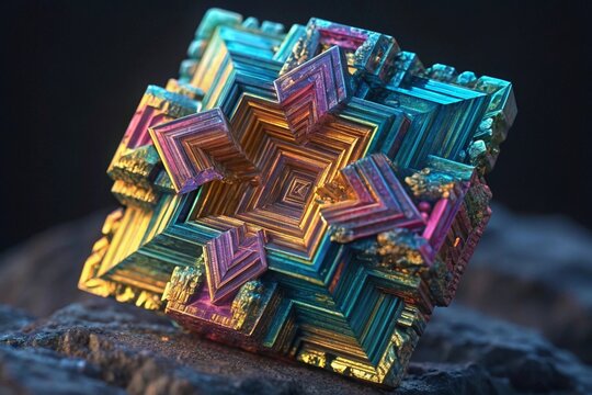 Colorful bismuth crystal formation exhibiting stunning iridescent colors and intricate geometric structures