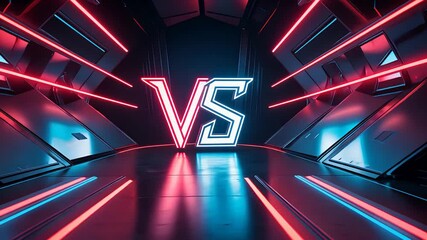 Futuristic neon-lit stage with glowing red and blue lights featuring bold VS letters in the center, designed for gaming, esports, or competition
- Powered by Adobe