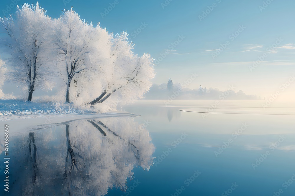 Aufkleber 雪に覆われた木々と静かな湖の冬景色 青い空と穏やかな水面が美しい日の出の光を浴びて冬の静けさを感じさせる背景画像