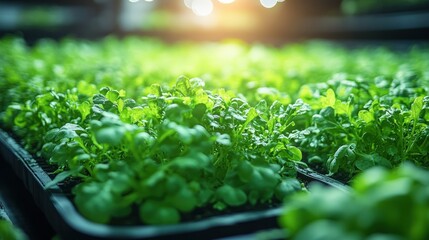 Lush green lettuce growing in trays under bright lights in a modern greenhouse setting