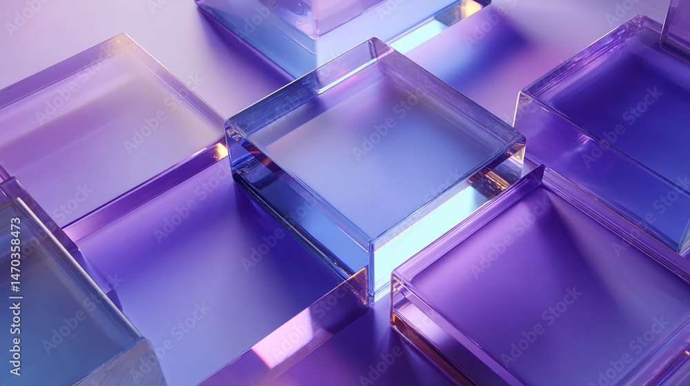 Poster abstract image of overlapping purple and blue glass cubes creating a modern geometric design, showca