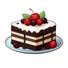 Delicious Chocolate Cake Slice with Cherries and Cream A Festive Dessert on a Plate Perfect for Celebrations