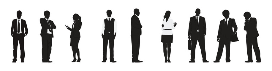Black silhouette people set. People silhouette. Silhouettes of a Businessman character in different poses. Vector illustration eps 10