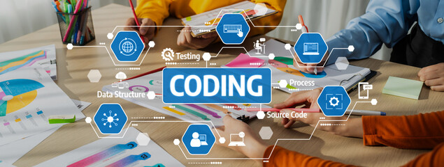 A vibrant workspace showcasing a collaborative coding and testing session, featuring colorful data visualizations and process flow charts, highlighting innovation and teamwork. Amity