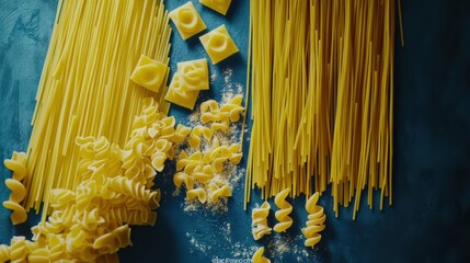 Various types of uncooked pasta scattered on a blue surface with flour, ready for cooking