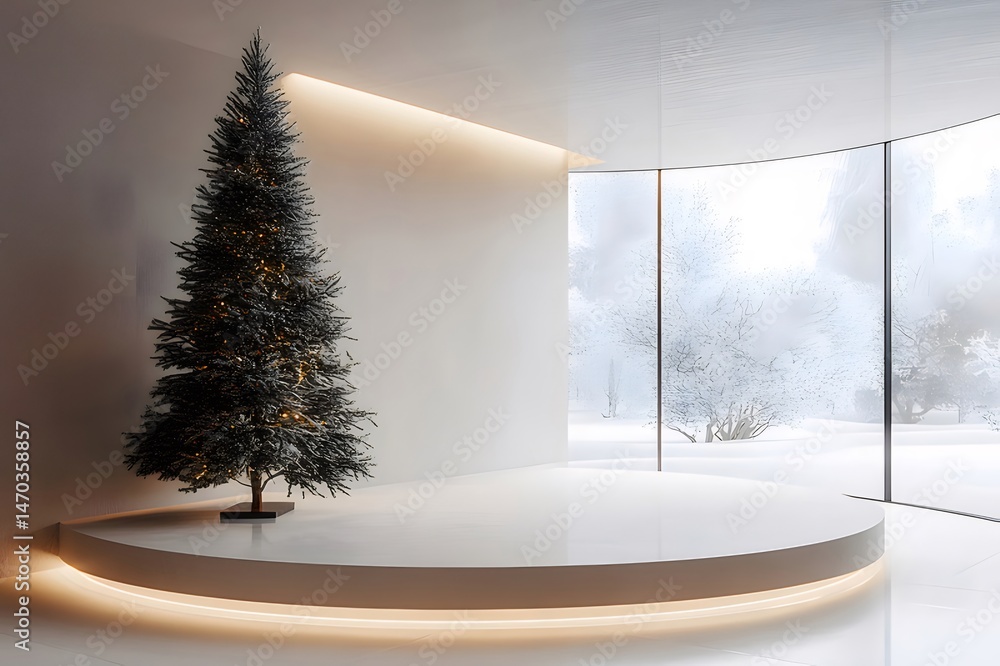 Poster ミニマリストの白い部屋にクリスマスの木と雪景色 大窓の円形プラットフォームのモダンなデザイン
