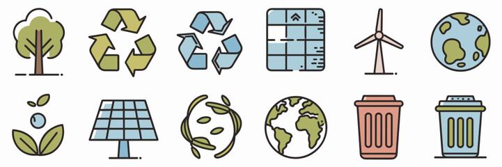 Obraz premium Vector sheet of environment-related icons like a tree, recycling symbol, solar panel, wind turbine, planet, and trash can – Great for eco-friendly, sustainability, or green energy promotions.