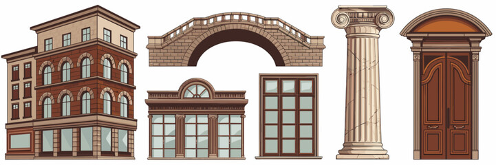 Obraz premium Vector sheet icon of various architectural elements including buildings, bridges, columns, windows, and doors – Suitable for architecture, design projects, or construction-related materials.