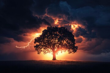 A lone tree stands resilient amidst a dramatic thunderstorm, its silhouette stark against a fiery sunset.