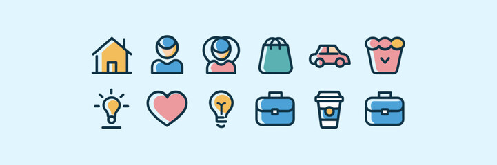 Fototapeta premium Minimalist vector sheet of icons including house, person, car, shopping bag, heart, light bulb, briefcase, and coffee cup on white background