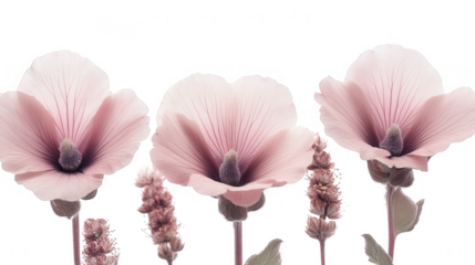 Elegant blush pink hollyhock flowers on a PNG transparent background