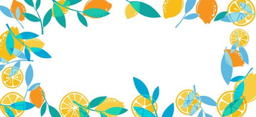 Lemons with leaves. Summer decoration element. Horizontal frame from bright citruses. 