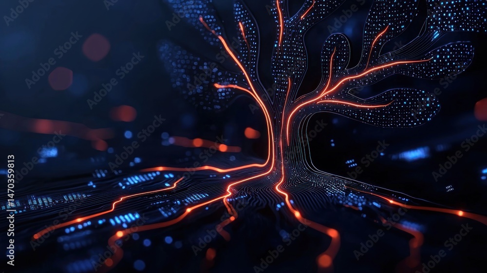 Poster An abstract digital representation of a tree with illuminated circuits