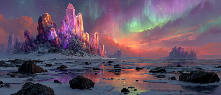 Aurora cliffs series - crystal spires in sunset snow