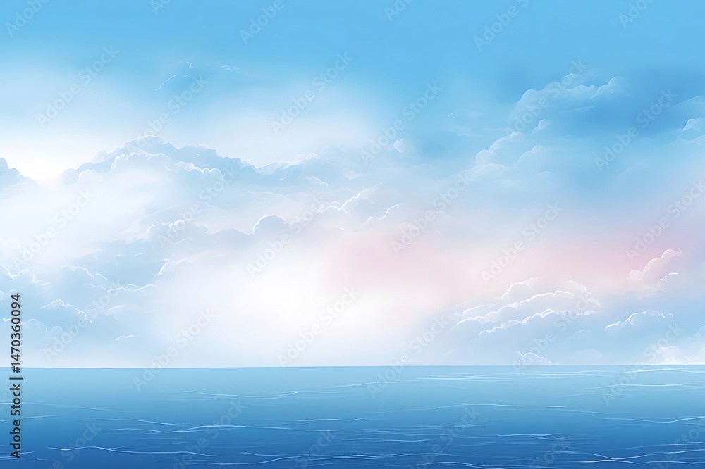 Aufkleber 穏やかな青い海の背景に柔らかいパステルカラーの雲が浮かぶ空の広がり水平線と自然光が差し込む穏やかな風景