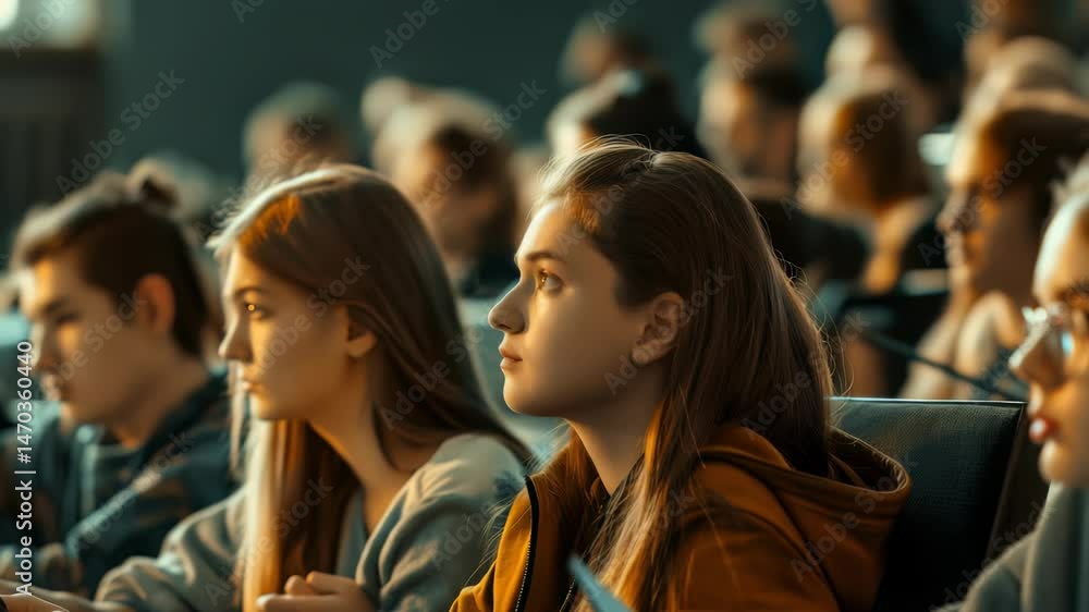 Aufkleber the image depicts students in a lecture hall, attentively listening. the atmosphere suggests learnin