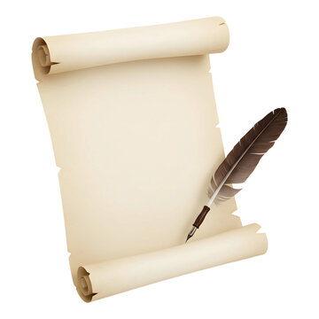 Blank paper scroll standing upright with feather pen beside