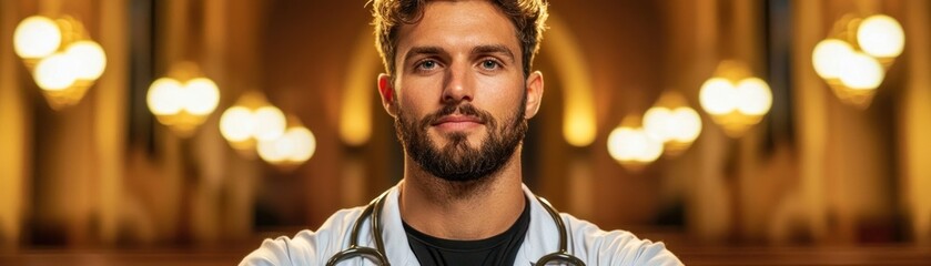 Obraz premium A smiling doctor standing confidently with a stethoscope around his neck