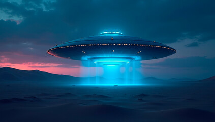 Obraz premium A glowing, futuristic spacecraft hovers silently above a vast desert as twilight descends. Its vibrant blue light illuminates the surrounding terrain, creating an otherworldly atmosphere.