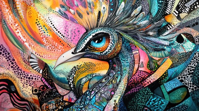 An abstract painting of a peacock , zentangle patterns 