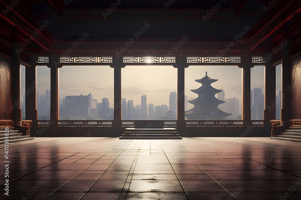 Poster パゴダの眺めと都市のスカイラインのアーチ構造の詳細 暗い背景に伝統的な建築の柱 反射の照明と複雑なディテール