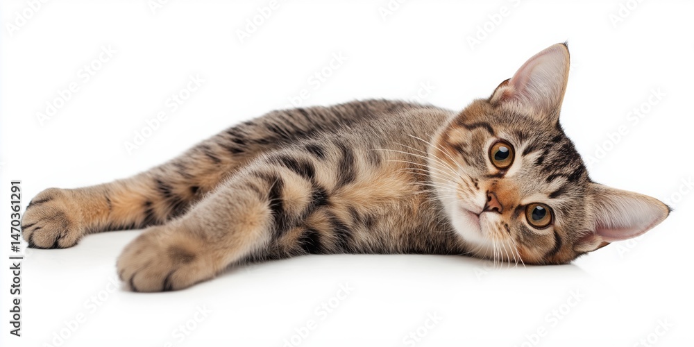 Poster a cat is laying on a white background with its head up. the cat is looking at the camera and he is r