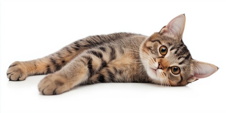 A cat is laying on a white background with its head up. The cat is looking at the camera and he is relaxed - Powered by Adobe