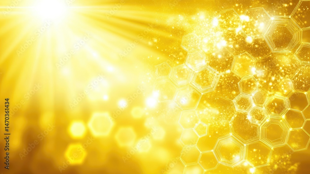 Poster golden abstract design with radiating light and hexagonal shapes.