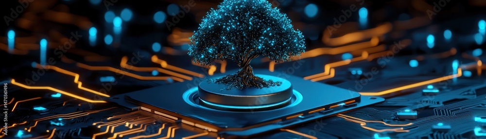 Poster a glowing tree growing on a technological circuit board