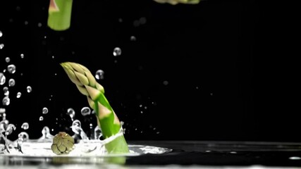 Fresh green asparagus spears splashing into water in slow motion — ideal for promoting healthy eating, vegan recipes, or organic food content. - Powered by Adobe