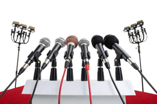 Press conference microphones, isolated on transparent background