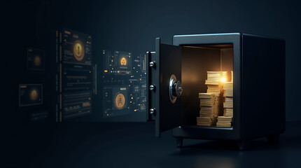 Fototapeta premium A black safe slightly open with stacks of cash and gold shining inside, surrounded by digital security interface projections.