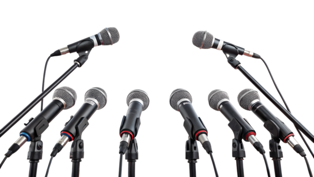 Press conference microphones, isolated on transparent background