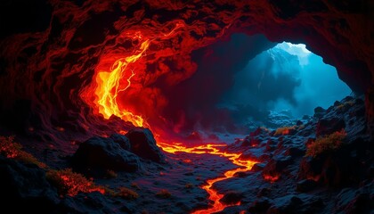 Crimson magma swirls with gold flakes inside a dark grotto lit by glowing moss.