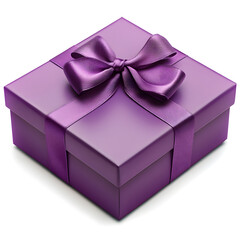 Purple gift box wrapped with silk ribbon bow on white background