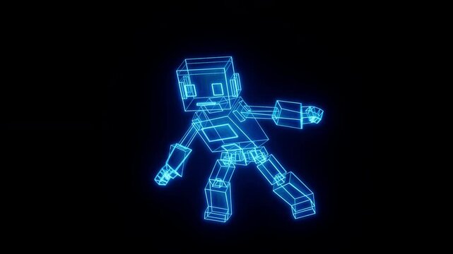 Blue glowing hologram robot performing locking hip hop dance. Sci-fi wireframe animation. Perfect for social media, AR/VR avatars, entertainment, and futuristic digital content.