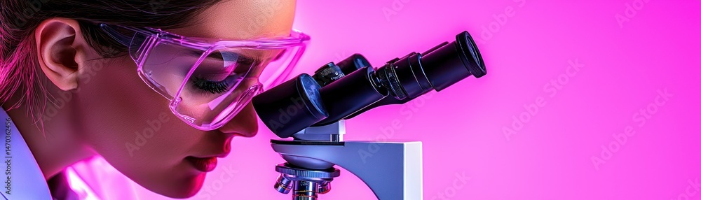 Poster a scientist with safety goggles looking through a microscope