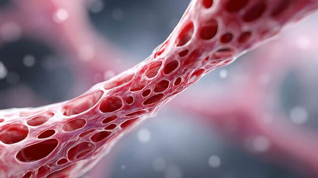 Red and pink spongy bone structure shown in a scientific macro view, highlighting the honeycomb-like internal texture with floating particles around