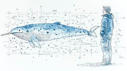 Fototapeta premium A detailed illustration compares a whale's immense size to a human. The whale is depicted with intricate markings