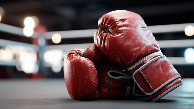 Close-up of worn red boxing gloves lying together in the center of a boxing ring with dim gym lighting and out-of-focus ropes behind Concept of strength, competition and combat sports