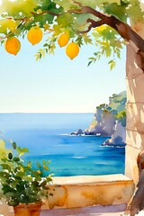 Watercolor painting of a lemon tree branch with ripe lemons overlooking the calm blue sea and distant coastline. Mediterranean summer landscape illustration postcard. Lemon festival, citrus harvest. 