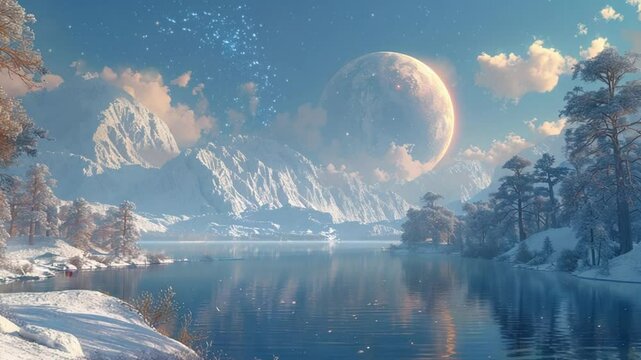Winter landscape artwork snow mountain lake footage