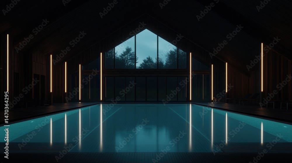 Poster modern indoor pool scene with sleek lighting features and a view