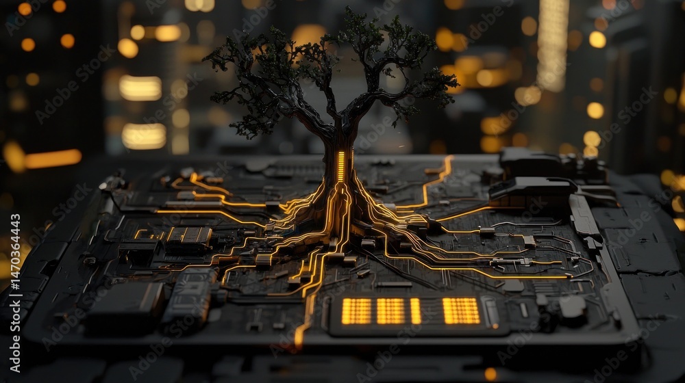 Poster a tree growing from a circuit board with city lights behind it