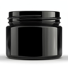 Glossy black cosmetic jar sitting on white surface