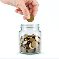 A close-up of a hand gently placing a coin into a transparent jar full of coins, representing careful saving and investment habits, isolated on white.